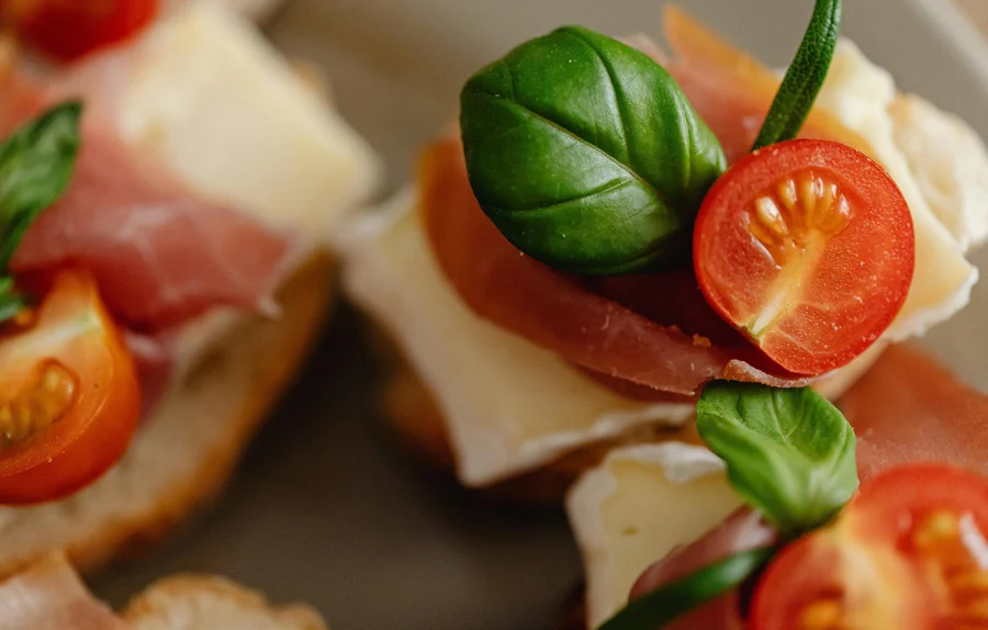 Caprese and prosciutto canapés at a Yorkshire corporate drinks reception