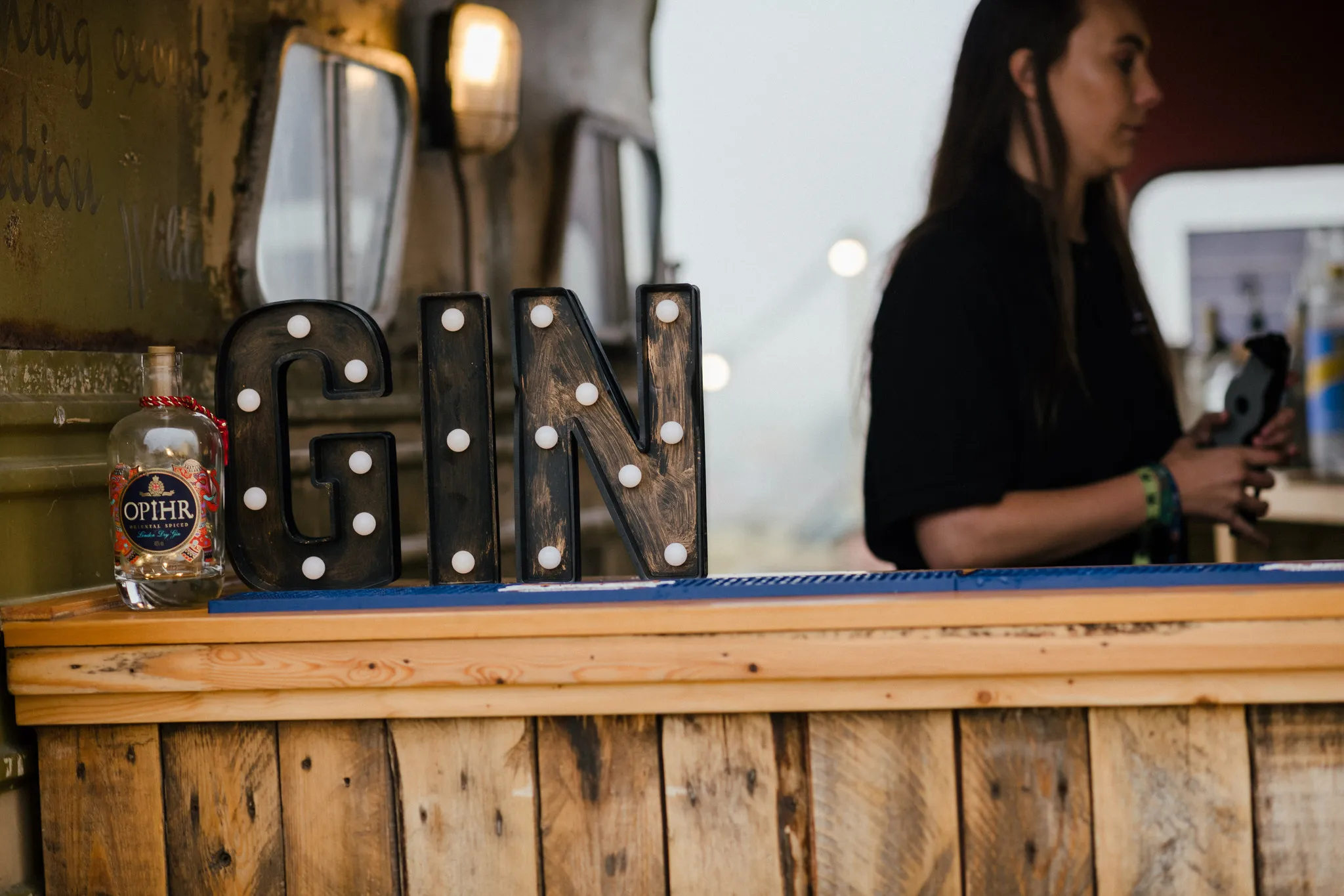 Gin bar with illuminated letter lights at a Yorkshire wedding