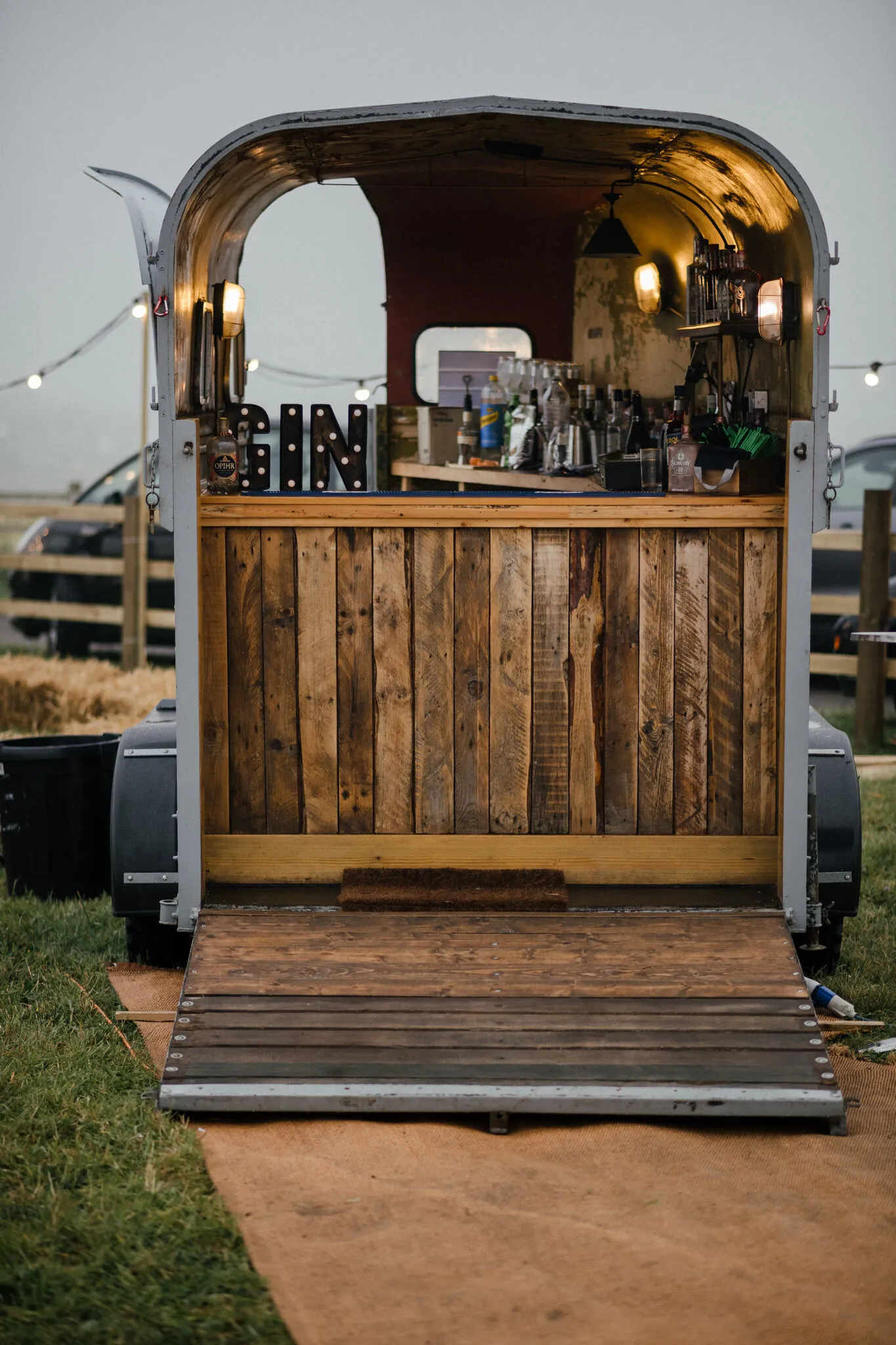 Interior of the gin horsebox bar at a Yorkshire wedding