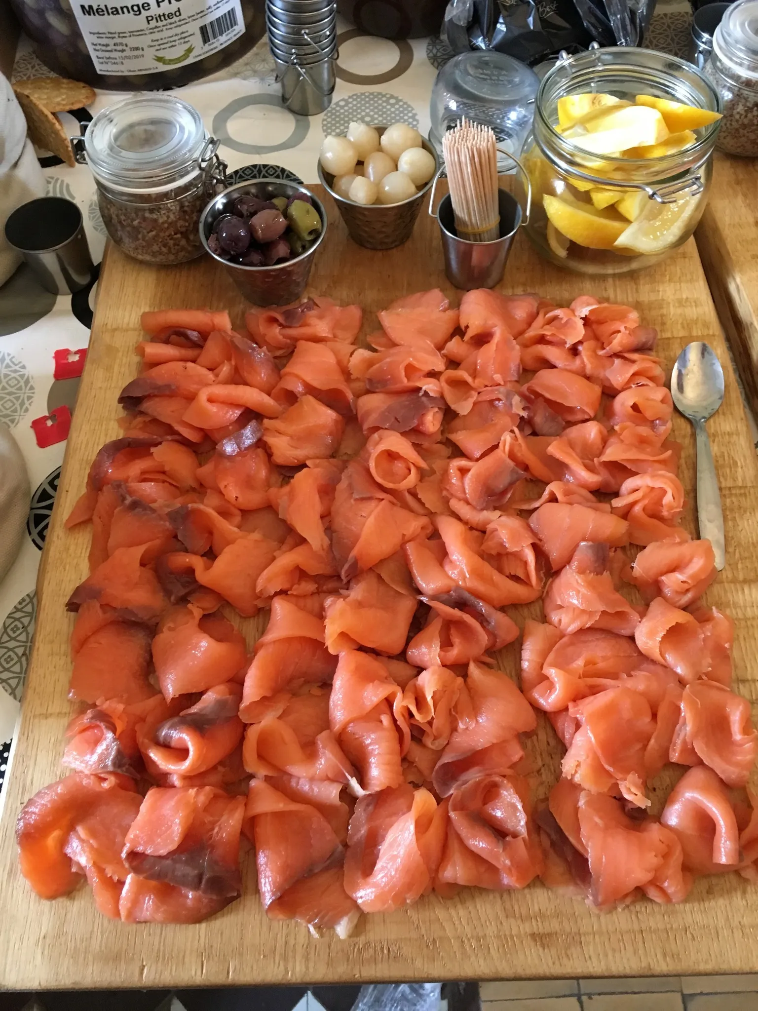 Smoked salmon board with capers, lemon and olives at a Yorkshire event